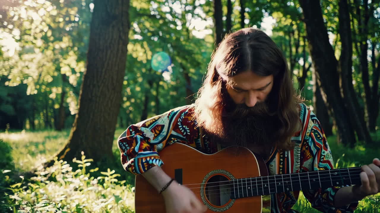 Man Playing Acoustic Guitar in a Forest