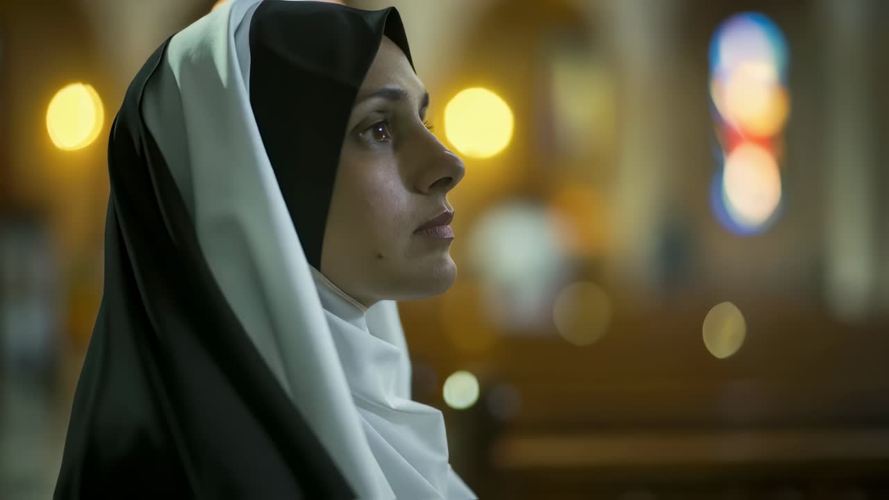 Prayerful young nun standing in church sanctuary, deeply focused while gazing toward ornate stained glass windows symbolizing spiritual contemplation and inner peace