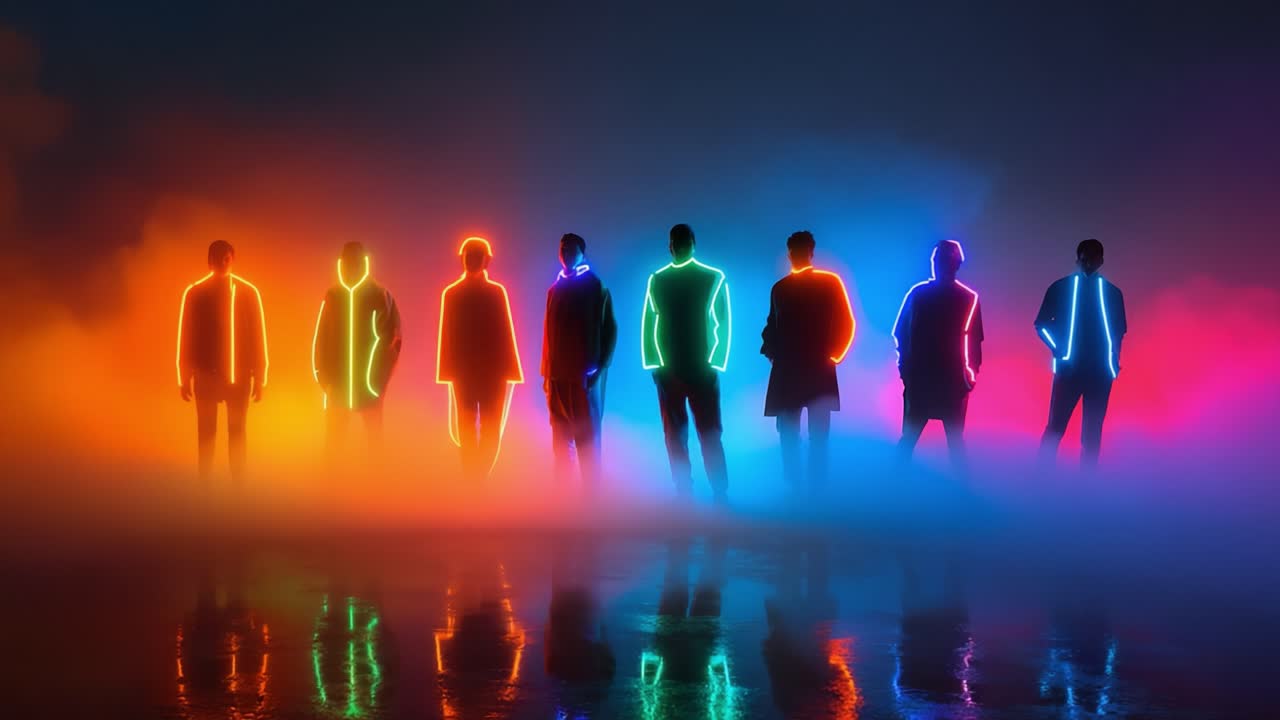 A mesmerizing display of illuminated figures standing in a vibrant fog, showcasing multicolored neon outlines against a dramatic backdrop, evoking a sense of wonder and intrigue in their striking formation