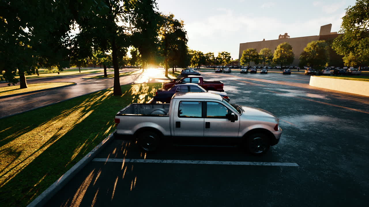 해가 지는 동안 많은 곳에 주차된 트럭의 줄