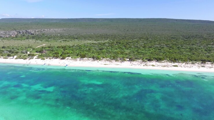 Ampio Panorama Aereo di Isola Tropicale con Lunga Spiaggia Sabbiosa e Acqua Turchese