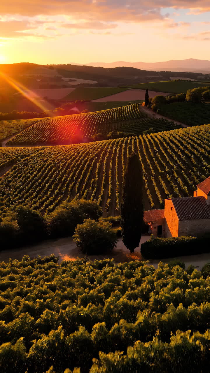 Vigneto al tramonto con colline ondulate, luce dorata che bagna i filari di viti, ripresa con drone che rivela un casale rustico.