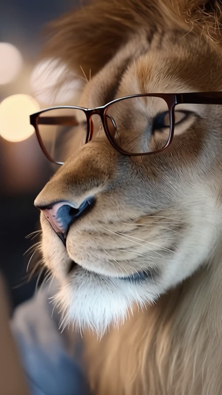 A regal lion sporting stylish eyeglasses, showcasing an unexpected blend of majesty and intellect that captures the essence of this majestic creature's personality