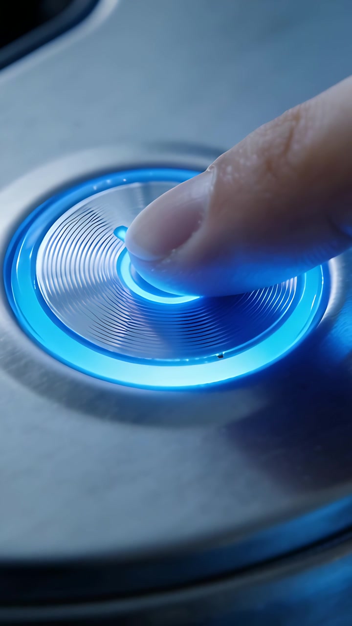 Vertical video: Hovering fingertip descending, pressing to activate blue LED metal button on bezel