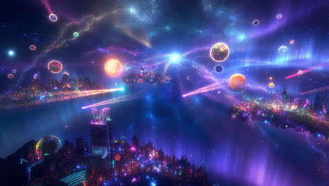 vibrant floating cities in a cosmic galaxy