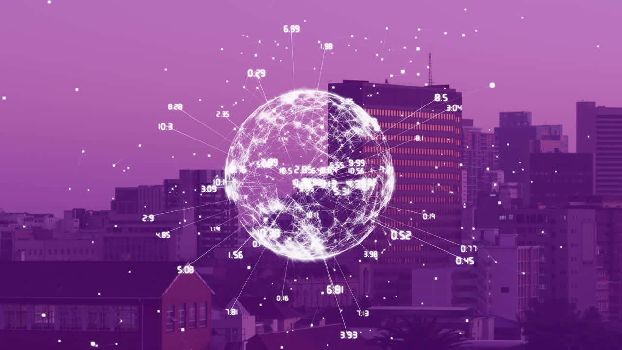 Animazione di connessioni e un globo su un paesaggio urbano viola
