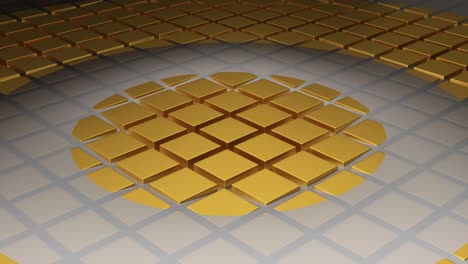 white circle waves moving along a floor of golden cubes