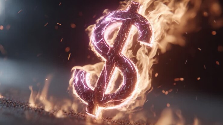Un’immagine elettrizzante di un simbolo del dollaro incandescente circondato da energia fiammeggiante, che simboleggia ricchezza, potere e opportunità finanziarie in un design sorprendente