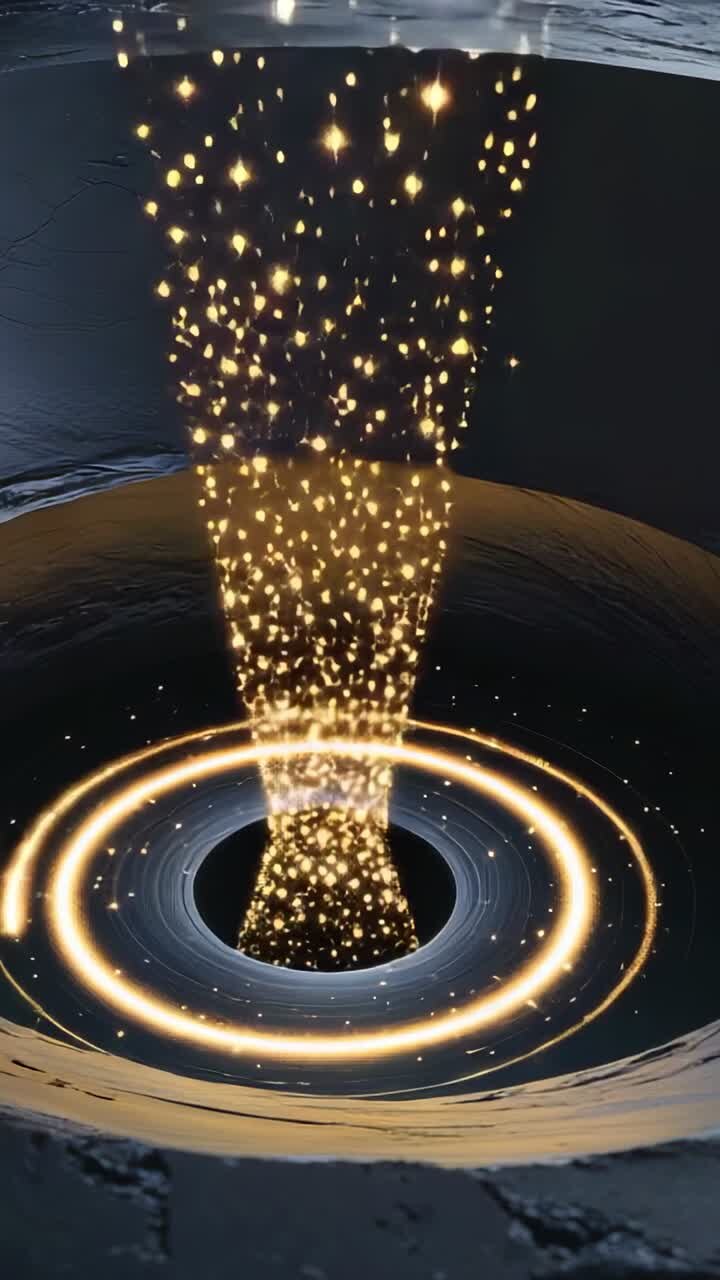 Vertical video: Descending golden sparkles cascading through rings into funnel, lighting chamber