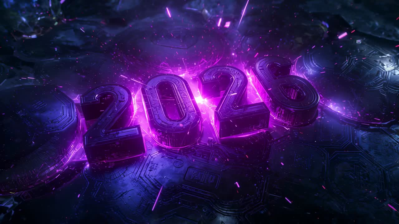 Pulling back camera as magenta glow rising, revealing metal numerals 2026 on circuit board