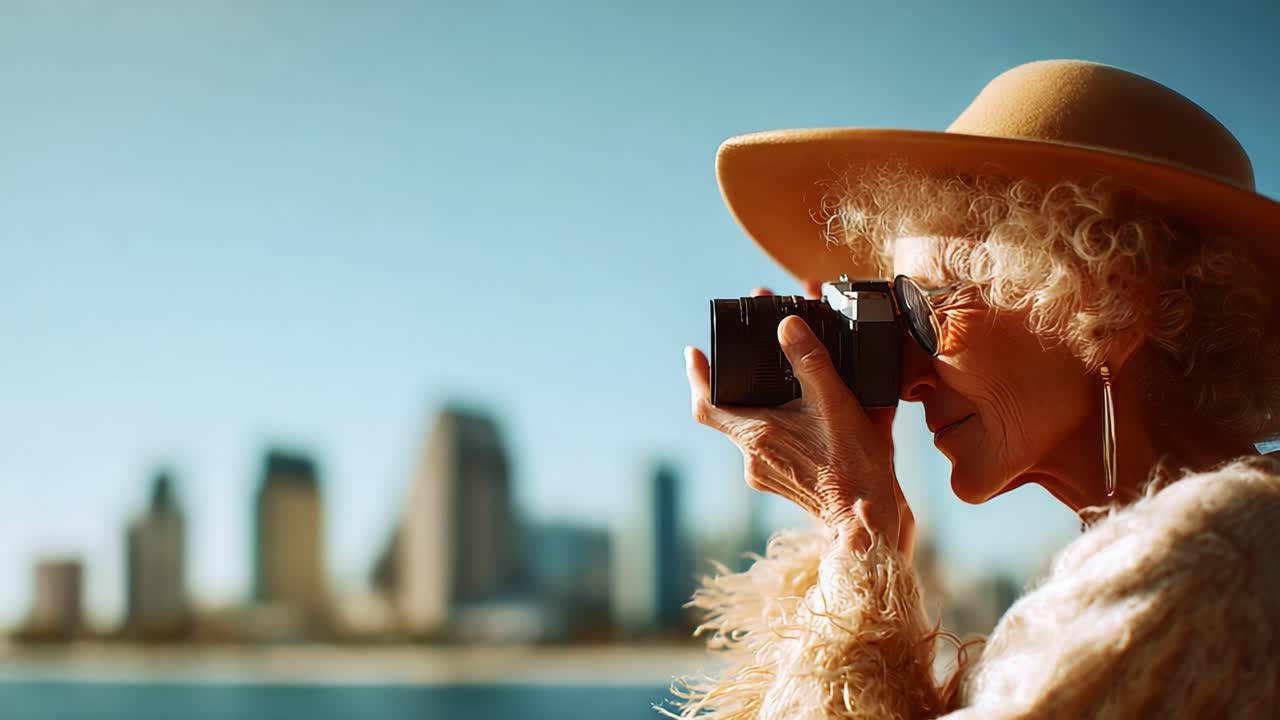 Capturing Moments: A Stylish Senior Woman with Curly Hair and a Wide-brimmed Hat Takes Photos with a Vintage Camera Against a Stunning Urban Background