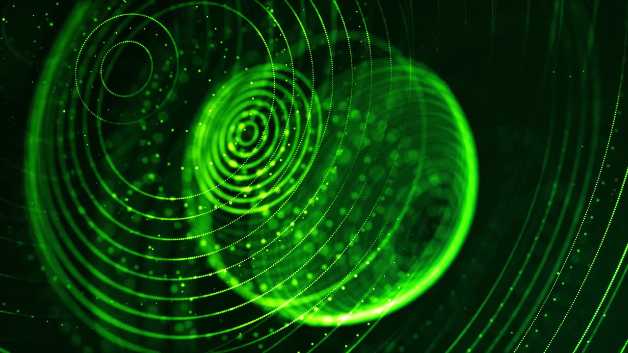 4k looped science fiction particle background with bokeh, light effects. Glow green color particles form lines, complex round structures. Suitable for sci-fi themes or as vj loop motion design bg
