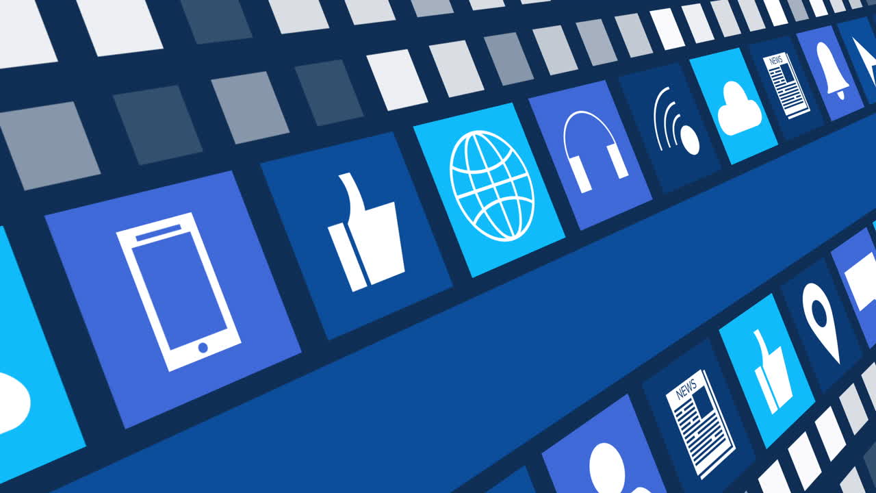 디지털 온라인 아이콘과 어두운 파란색 배경에 움직이는 파란색 줄무 ⁇ 의 애니메이션