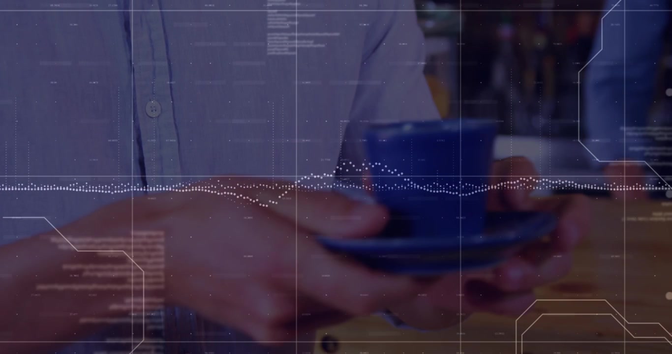 Animation of data processing over diverse people ordering coffee