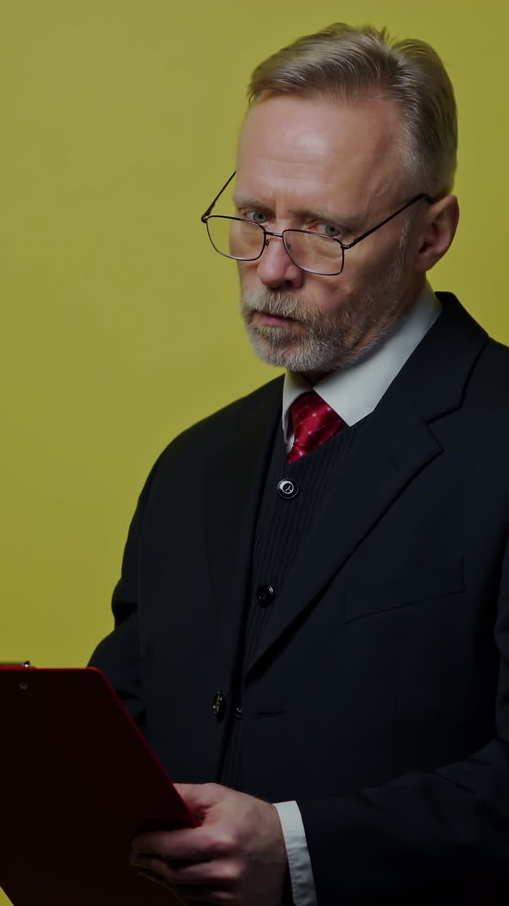 Senior man in costume is writing. Mature businessman in glasses holding a folder and thinking. Portrait of an old professional entrepreneur on yellow background. Vertical video