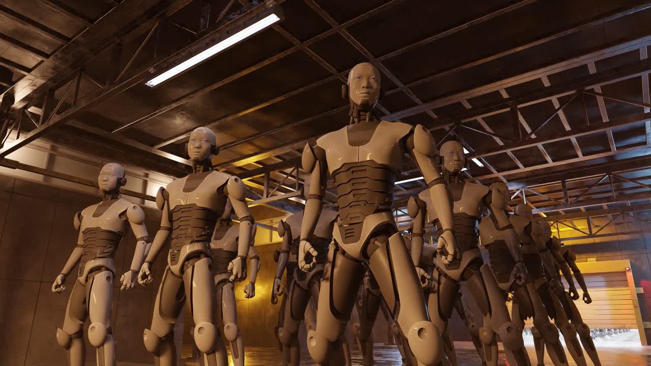 Humanoid robot standing in empty industrial warehouse with warm orange lighting. 3D rendering of artificial intelligence and robotics technology. Future automation and cybernetic system concept