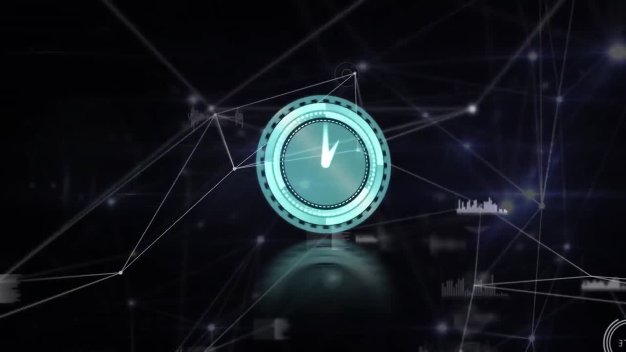 Digital animation of neon clock ticking over network of connections against black background