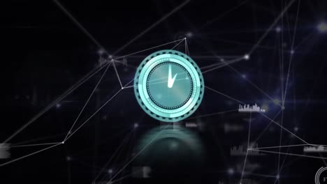 animación digital del reloj de neón haciendo tic-tac sobre una red de conexiones contra un fondo negro