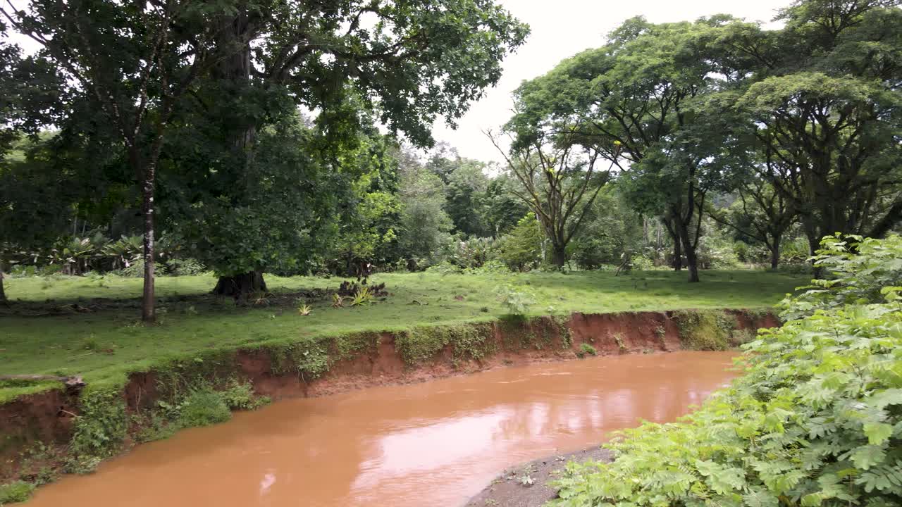 disparo de un dron volando a través de una jungla en costa rica con un río y árboles