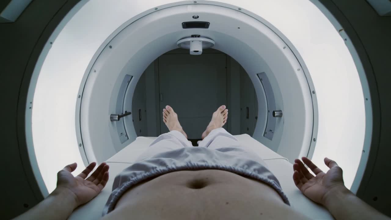 Motore in avviamento, tavolo che fa scorrere il paziente nello scanner per una scansione addominale, con busto nudo e pantaloncini