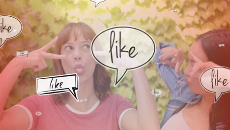 Speech bubbles with like animation over two women making funny faces
