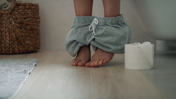 Detail of legs of woman sitting on toilet and holding a toilet paper roll.