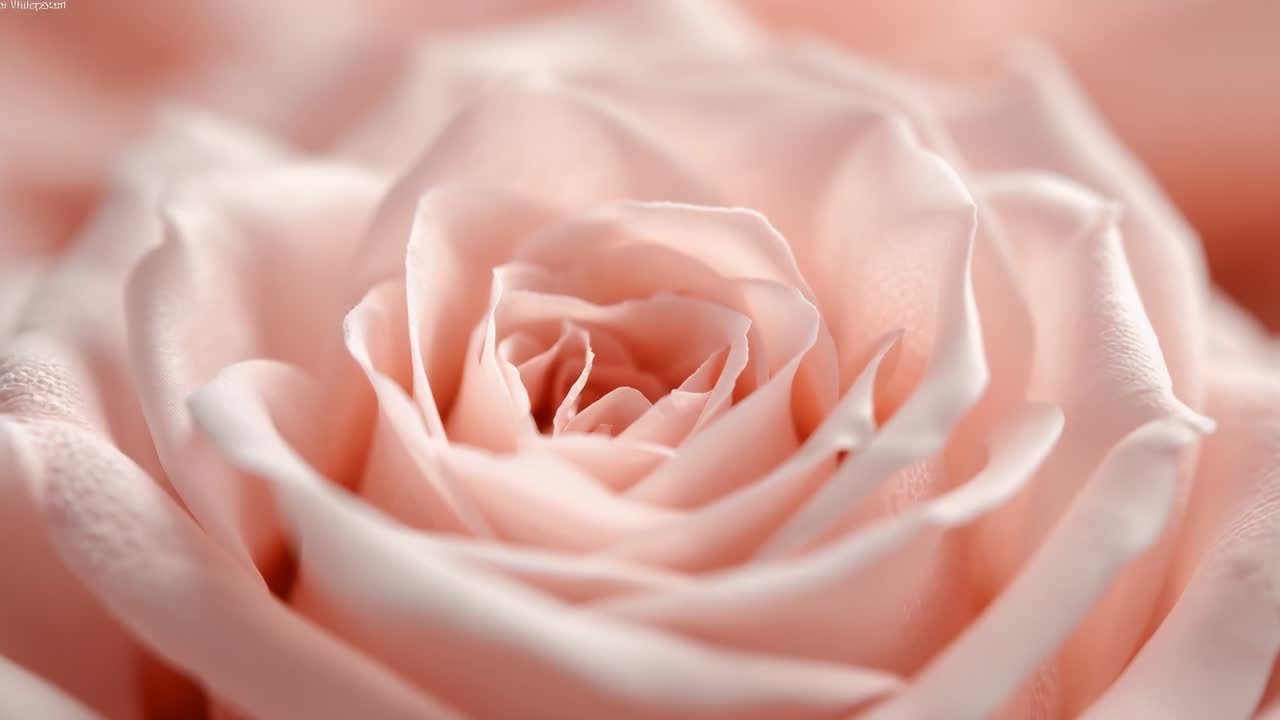 Pulling back, camera shifting focus in studio, revealing pale pink rose bloom's layered petals