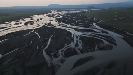 Spectacular-Iceland-Glacial-Rivers-from-Above-during-Sunset,-Aerial