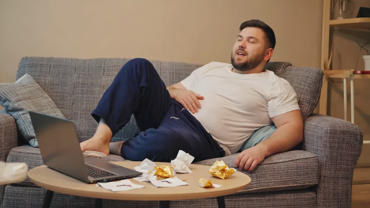 Man Relaxing on Couch with Laptop and Crumpled Paper