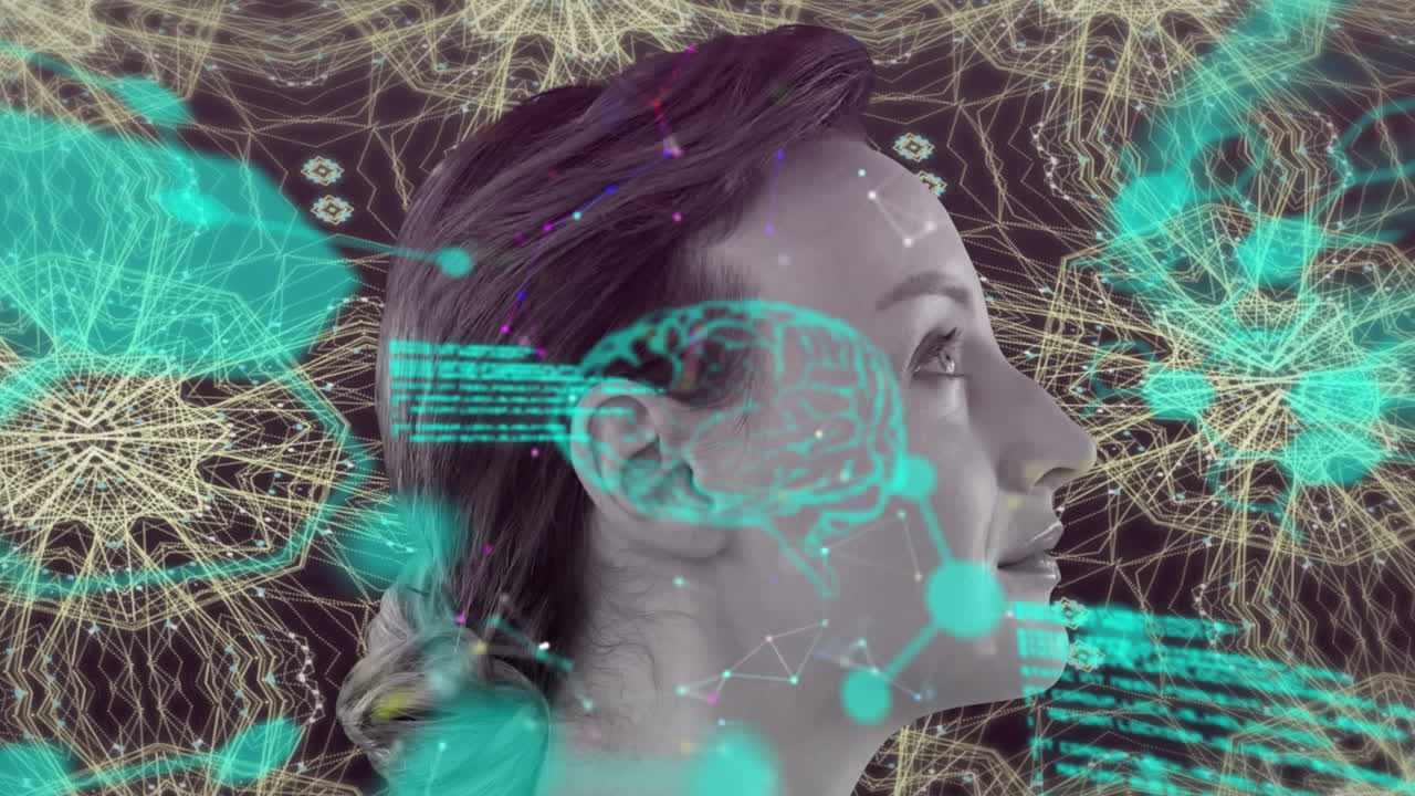 animación de procesamiento de datos científicos sobre el perfil de una mujer caucásica sobre formas caleidoscópicas