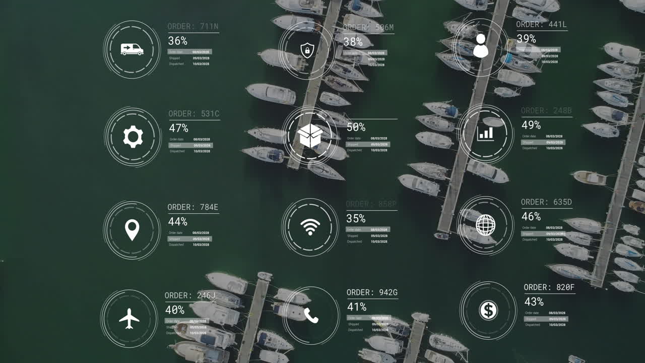 Animation of network of icons and data processing over marina landscape
