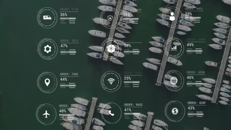 animation of network of icons and data processing over marina landscape