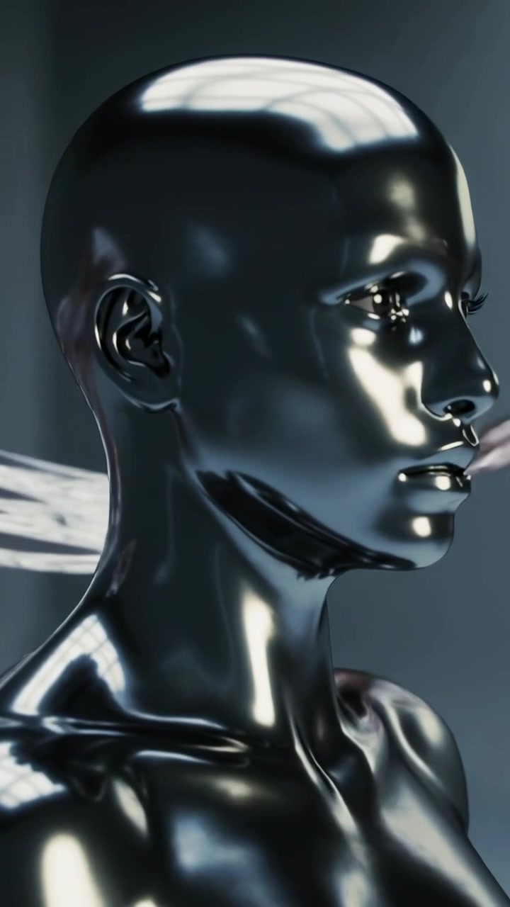 Vertical video: Rotating chrome bust revealing face in studio after playback, with top light ribbon