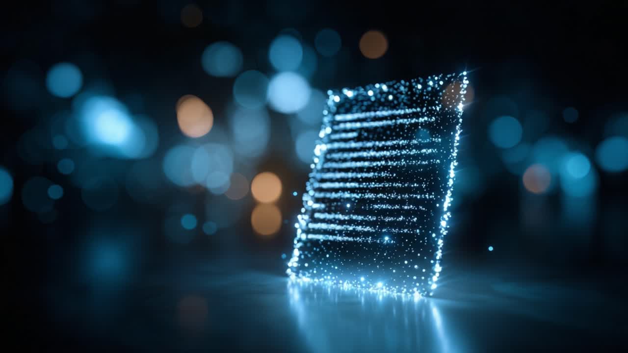 Rappresentazione digitale di un testo in stile futuristico, che mostra un documento traslucido e luminoso con particelle scintillanti in un'atmosfera mistica