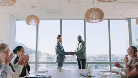 business people shaking hands in boardroom meeting successful corporate partnership deal with colleagues clapping hands welcoming opportunity for cooperation in office 4k