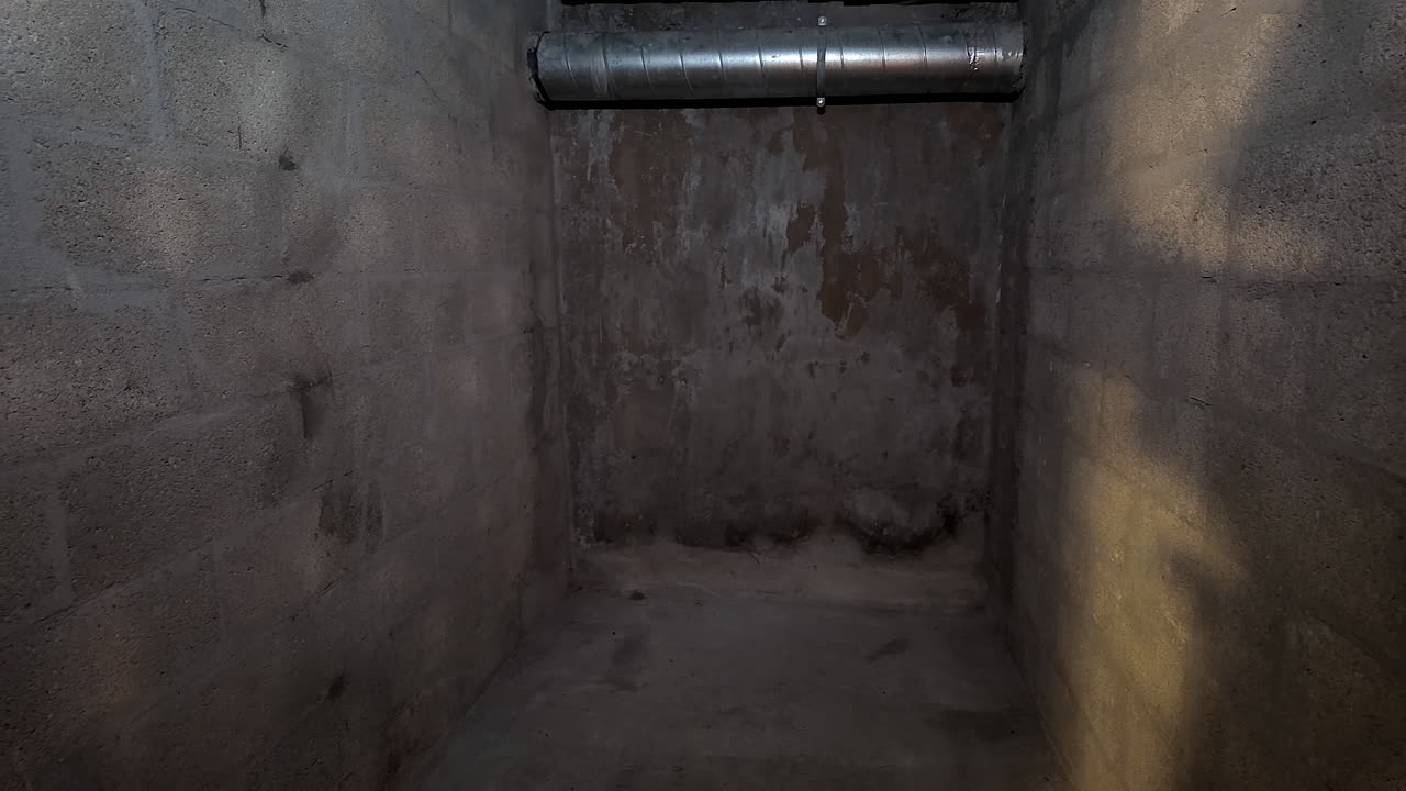 Bunker - Underground Space With Concrete Block Walls And A Metal Ventilation Duct Near The Ceiling. - wide shot