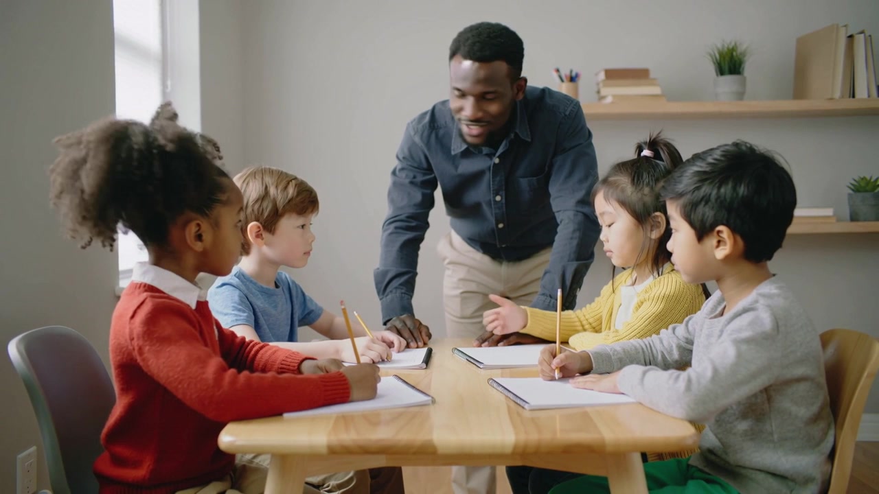 Leaning teacher guiding four kids at wooden table, pointing to notebooks and pencils while writing