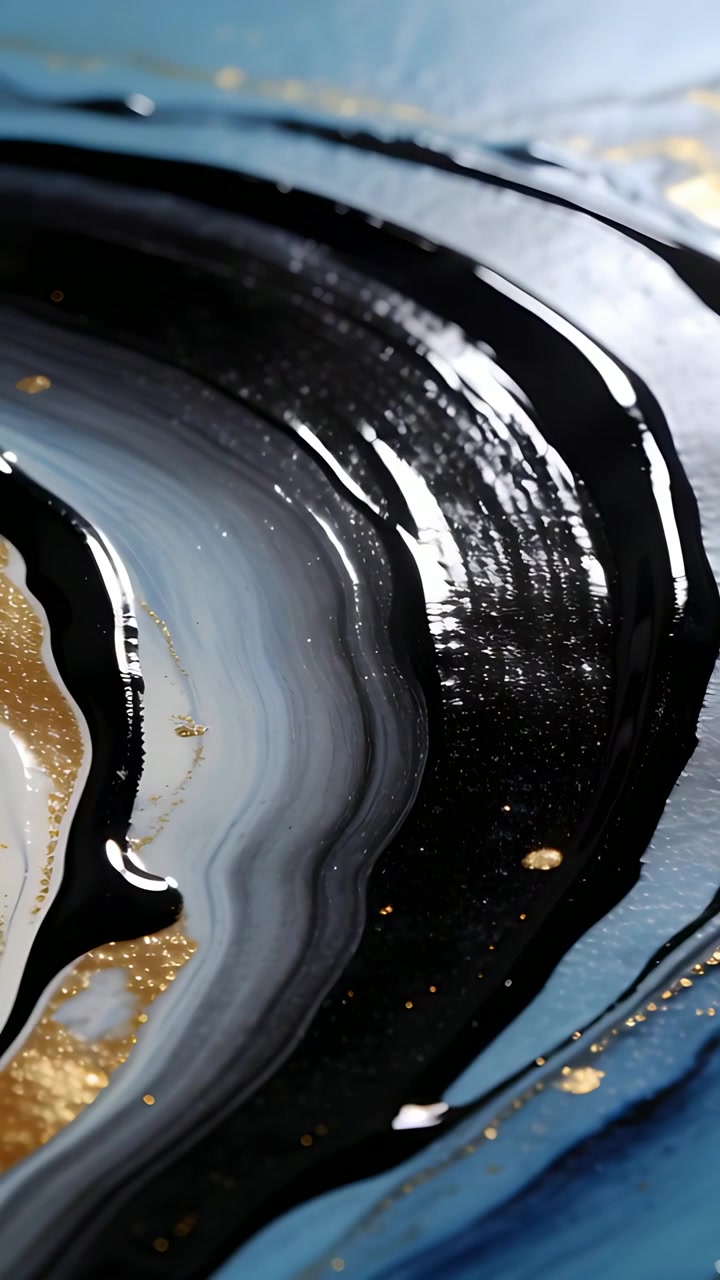 Vertikales Video: Sich verlagerndes Licht lässt Harzbänder auf Kunsttafel mit Gold absetzen und reflektieren