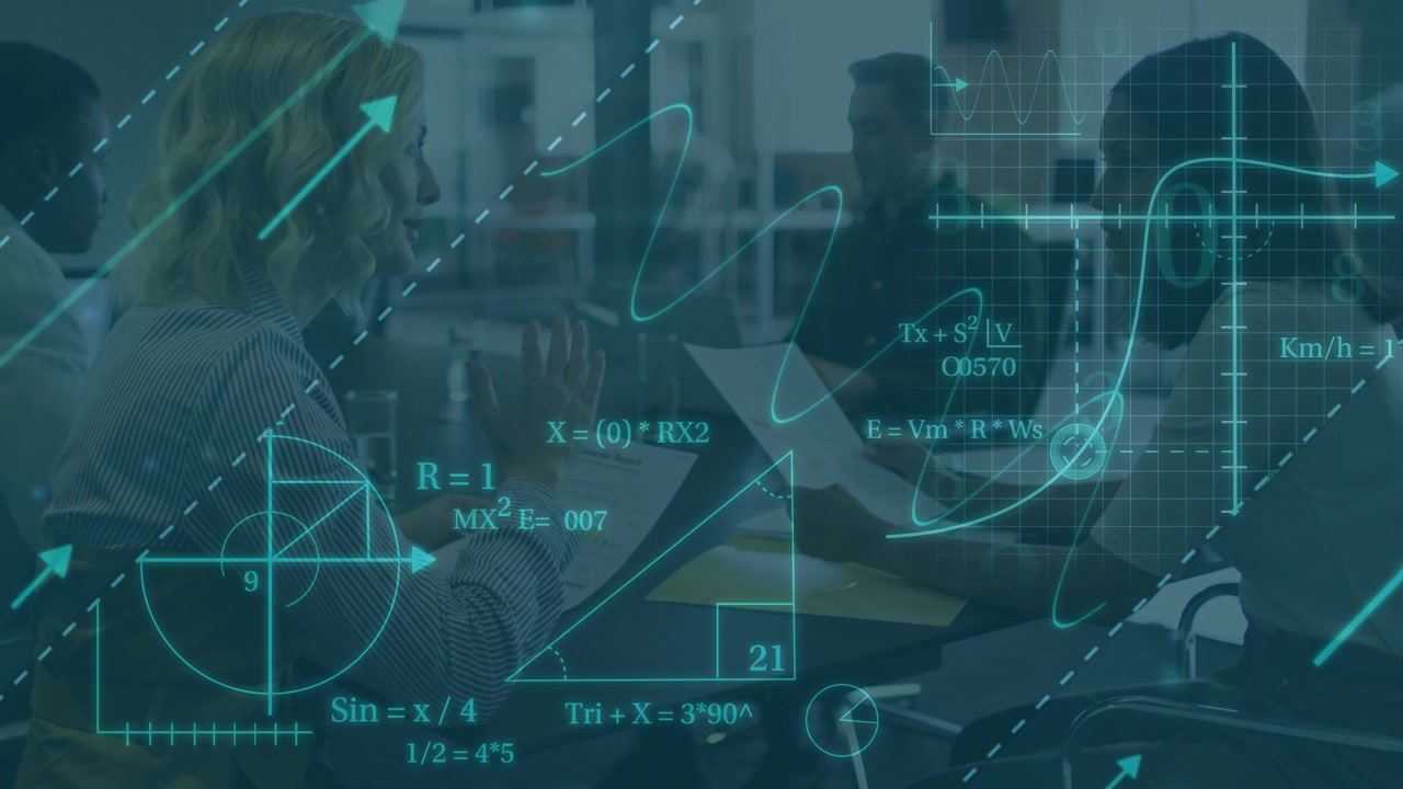 Team turning pages in business meeting, teal math overlaying documents updating data for analysis