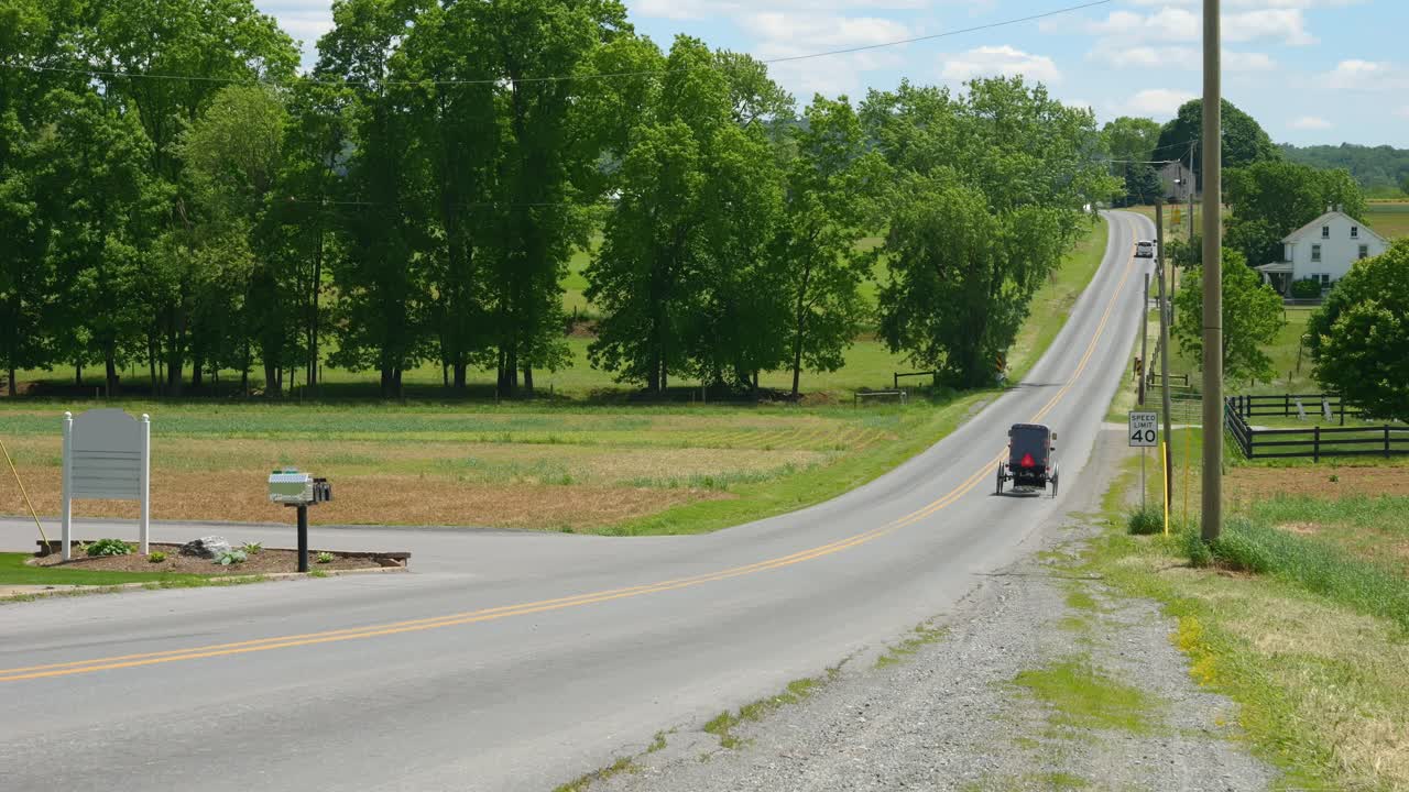 A horse-drawn carriage moves along a peaceful rural road lined with trees and open fields. In the background, a quiet farmhouse is visible under a clear blue sky