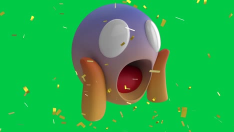 Animation-of-confetti-falling-over-shocked-emoji-emoticon-icon-over-green-screen