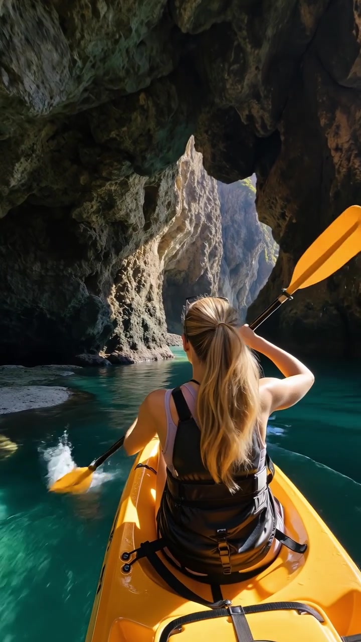 Mulher loira remando em um caiaque amarelo através de uma estreita caverna marinha rochosa com águas claras e azul-turquesa