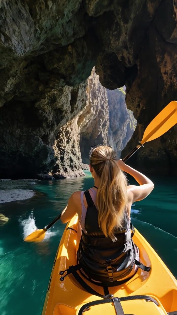 Mujer rubia remando en un kayak amarillo a través de una estrecha cueva marina rocosa con agua cristalina de color turquesa