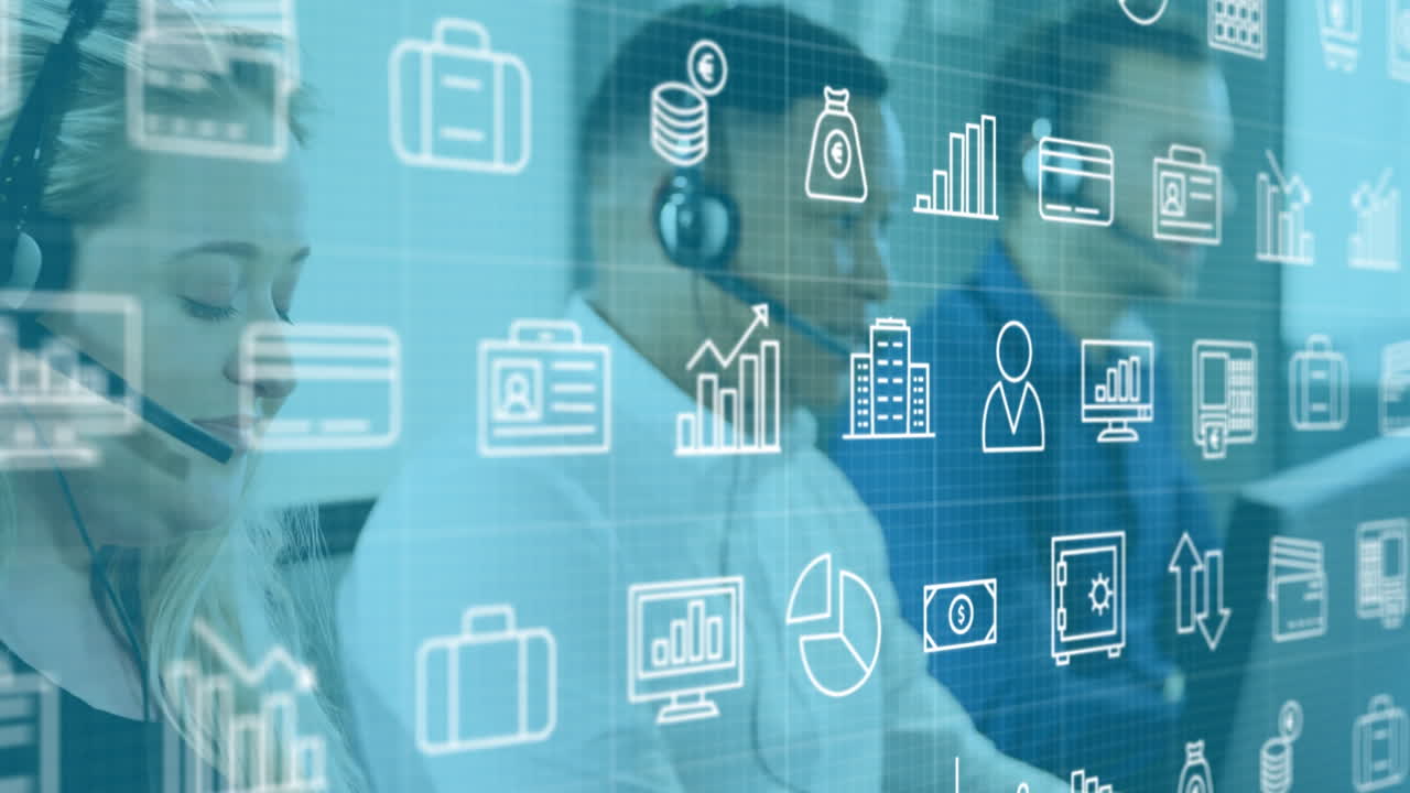 animación de iconos en línea sobre diversas personas de negocios que usan auriculares de teléfono