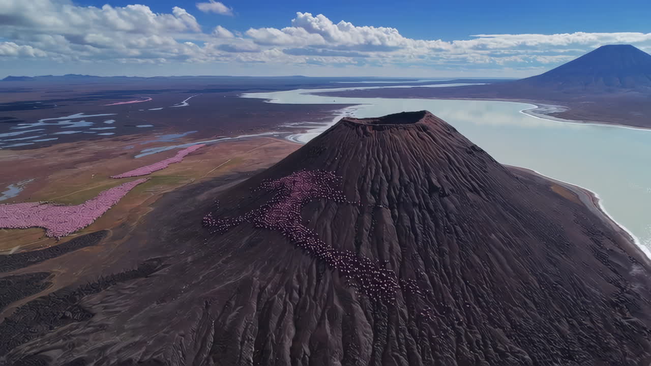 Aerial View of Flamingos Migrating Over a Volcano and Pink Lake
