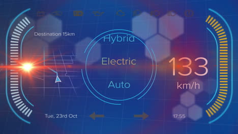 animación del procesamiento de datos en el tablero de instrumentos de los automóviles eléctricos sobre un fondo azul