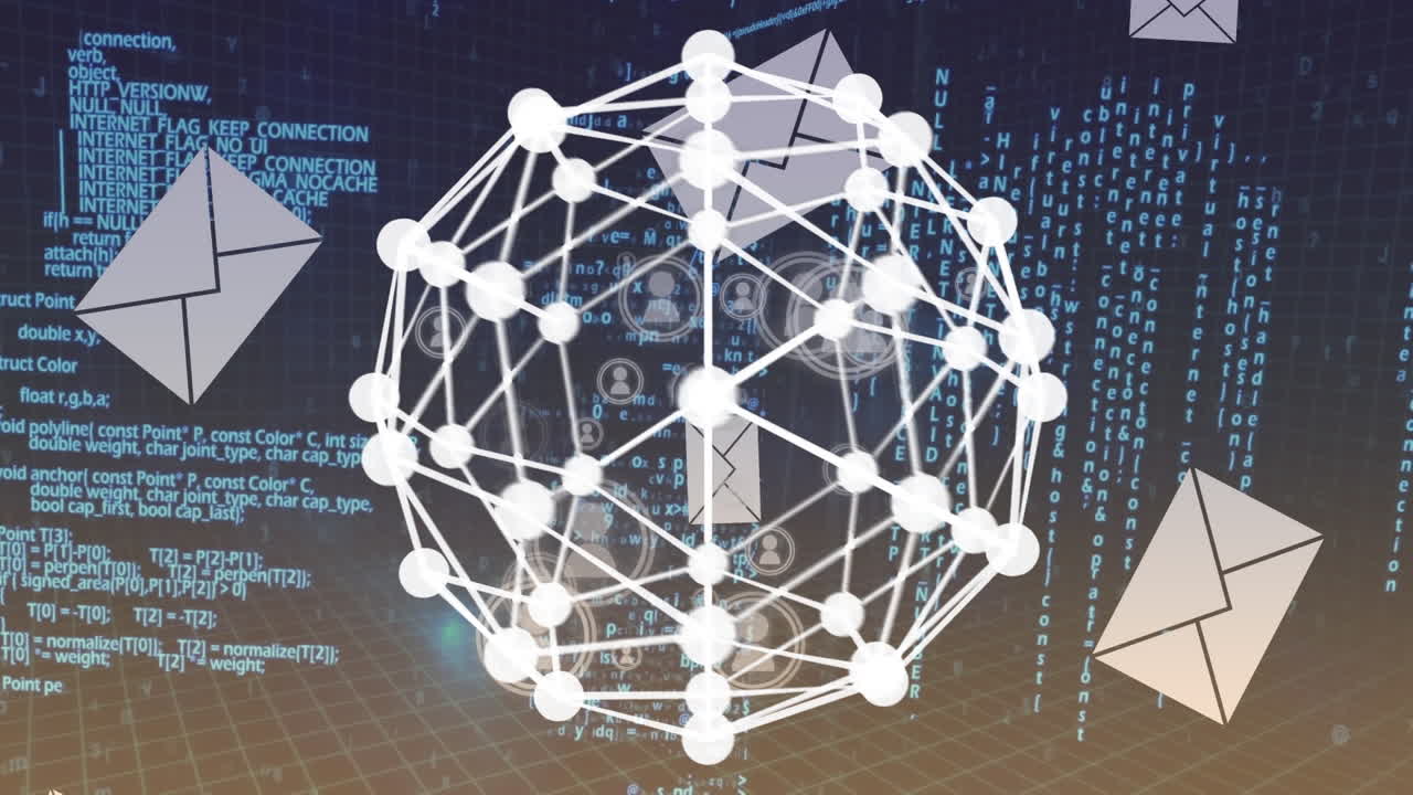 animación del procesamiento de datos sobre iconos de medios y sobres