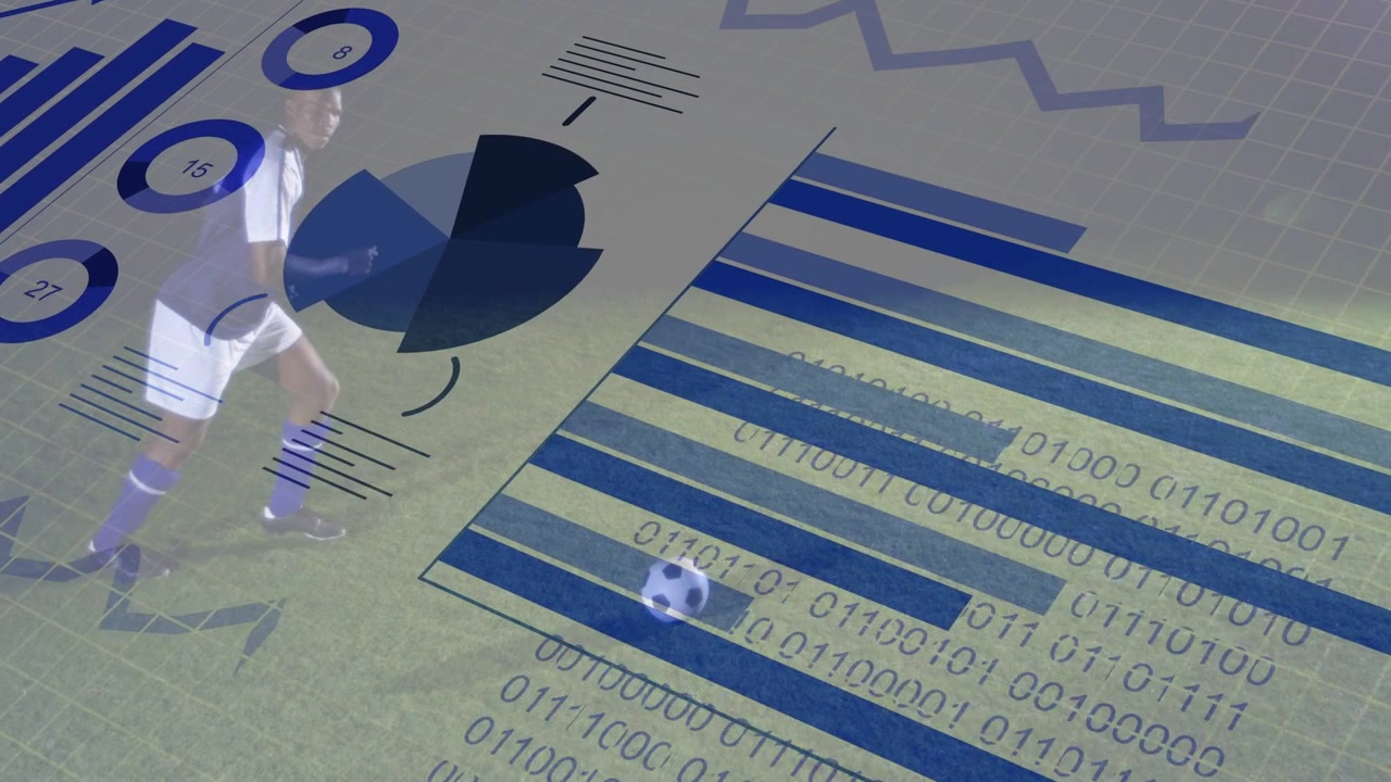 Soccer player stepping toward ball on pitch, nudging ball across sports bar charts to control it