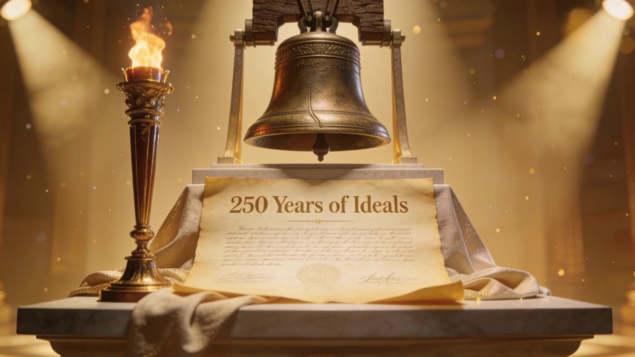 Flickering torch flame causing bell and scroll in hall marking 250 Years of Ideals, sparks drifting
