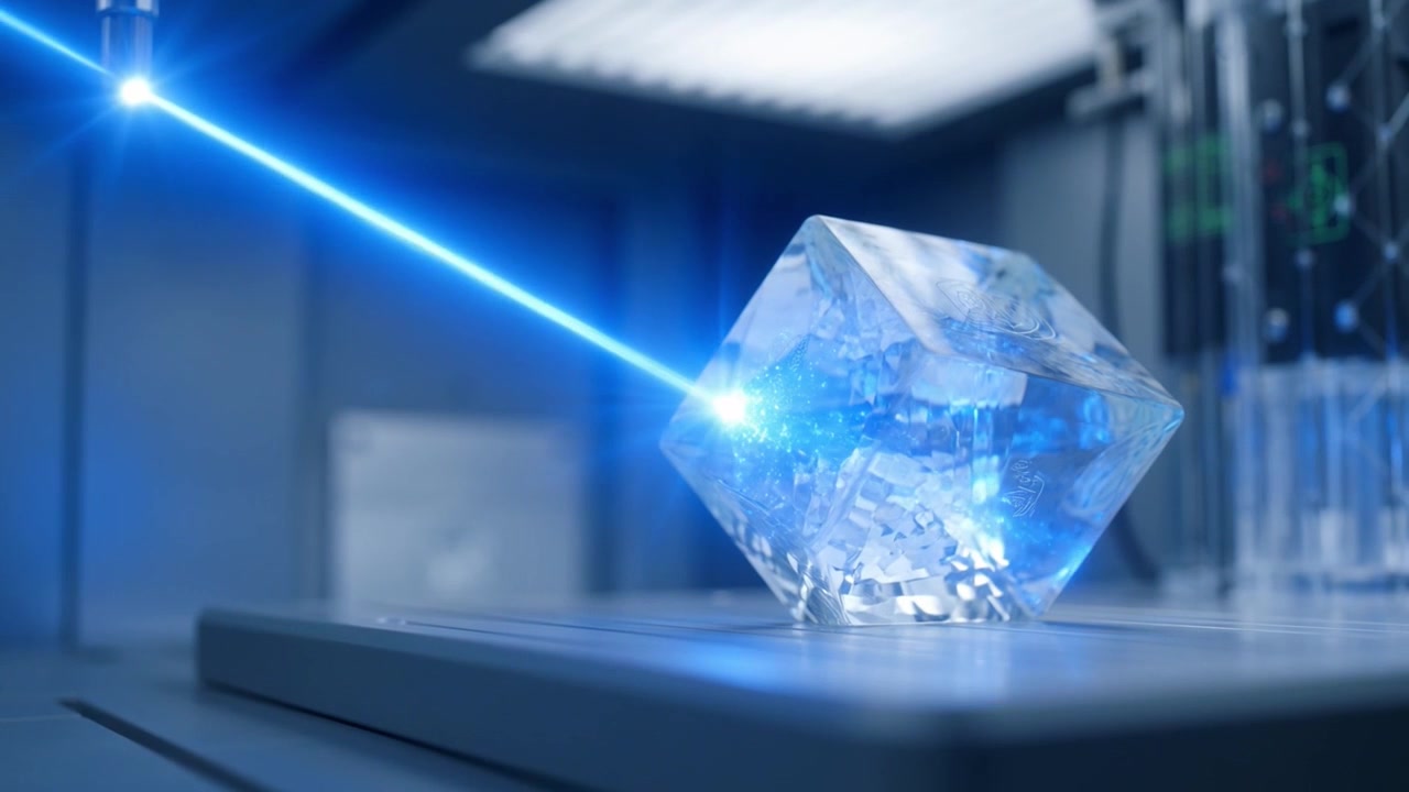 Raggio laser blu che scansiona un cubo di cristallo trasparente in un laboratorio